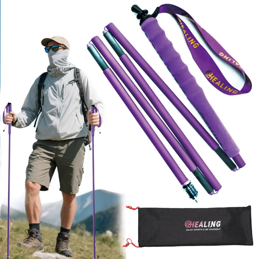 High-strength carbon fiber mountaineering and off-road ultra-light 4-section foldable walking stick for pathfinding and anti-skid
