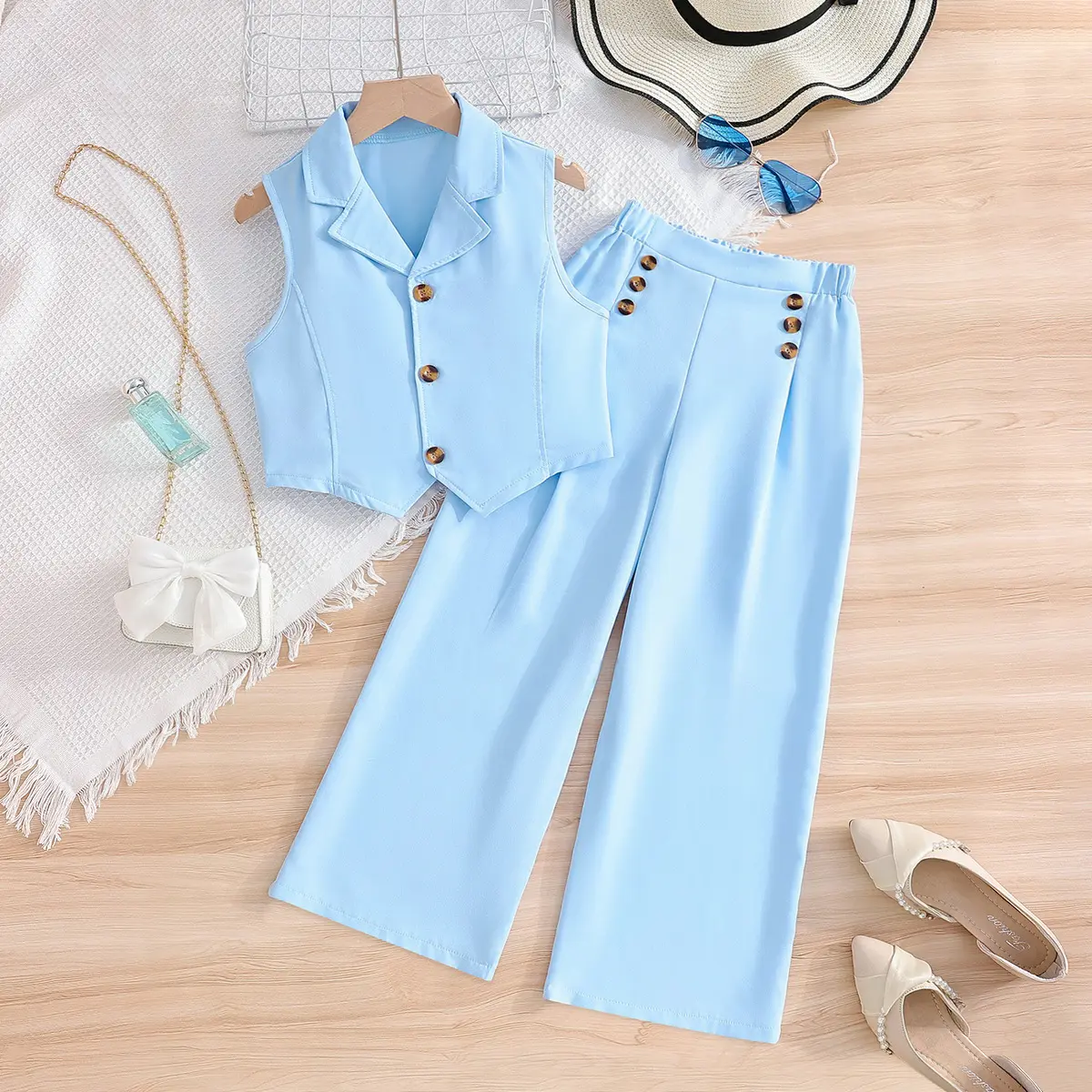 2-piece children's suit in sky blue, sleeveless blazer with lapel and long pants, girls' summer casual two-piece set-DHY