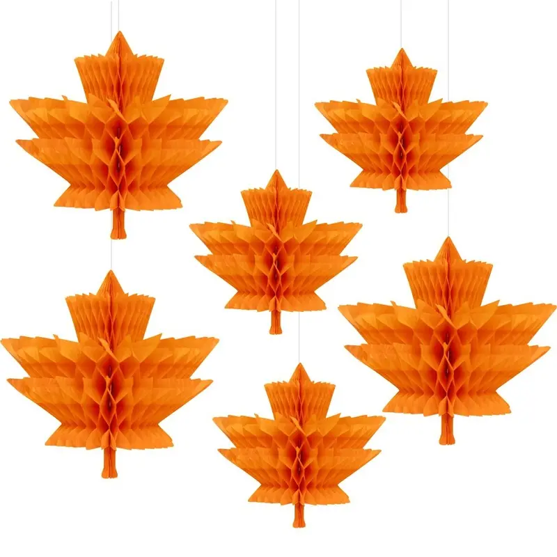 6 Pcs New Fall Thanksgiving Honeycomb Hanging Decor, 3D Autumn Harvest Maple Leaf Honeycomb Balls, Autumn Decorations for Mantel, Table, Porch and Outdoor