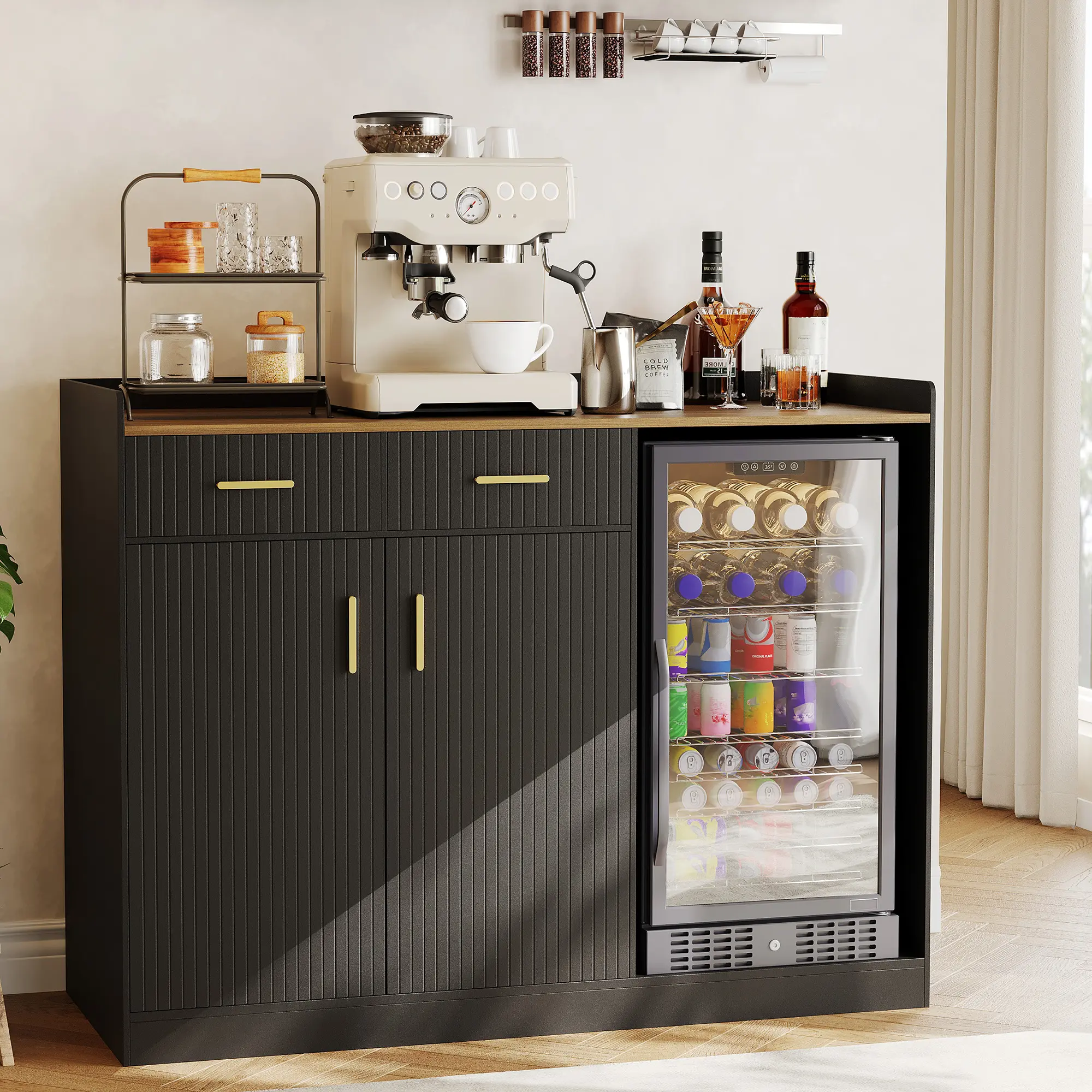 Coffee Bar Cabinet with Fridge Space, Fluted Wine Cabinet with Charging Station, Mini Fridge Cabinet with Drawers & Adjustable Shelf for Dining Room, Kitchen & Living Room