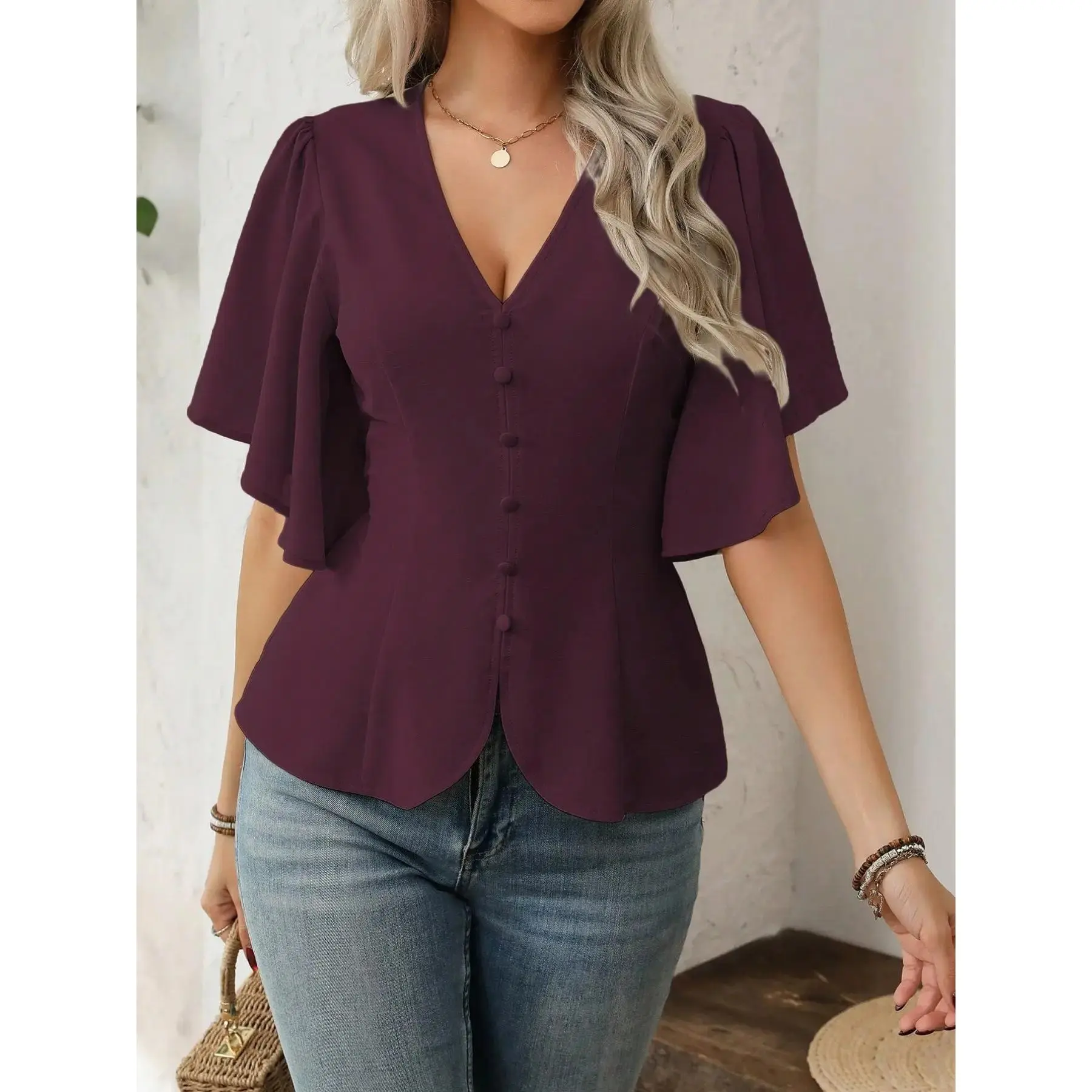 Women's V Neck Slim Fit Solid Color Butterfly Sleeve Aesthetic Lady Button Up Blouse, Shirts, Single Button Front, Fitted Everyday Basic Casual Top for Daily Wear