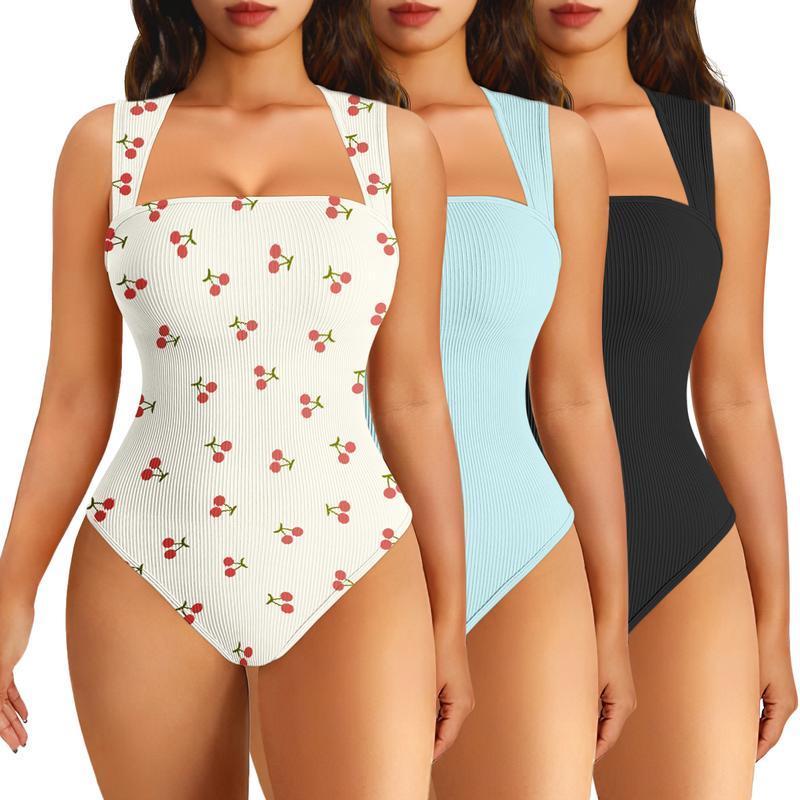 Vista X fitness Women's 3-Piece Printed Bodysuit Set Ribbed Square Neck Sleeveless Stretchy Top Nylon Spandex Casual Chic Elegant Comfortable