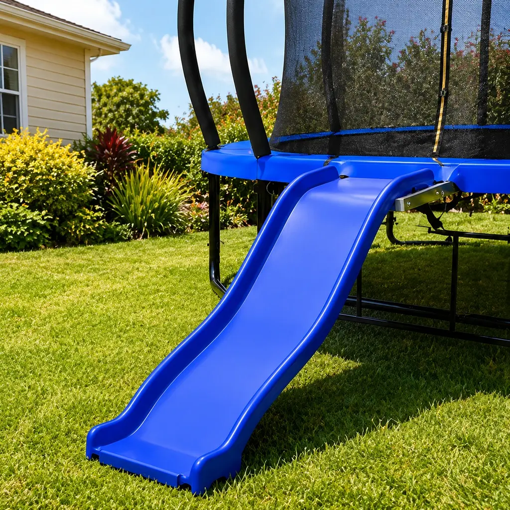 ARCH Outdoor Trampoline Slide Attachment for 8-16FT Trampolines, Blue Plastic Slide with UV Resistance, Safe Climbing Steps for Kids Ages 3+, 110 lbs Capacity, Easy Access Backyard Playground Fun