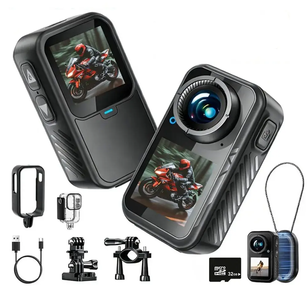 5K Mini Thumb Sports Action Camera 4K60FPS EIS Anti-Shake Stabilization Dual Touch Screens 5X Digital Zoom Magnetic Waterproof Bodycam Outdoor Pocket Vlog Camera Bicycle Motorcycle Helmet Video Recorder