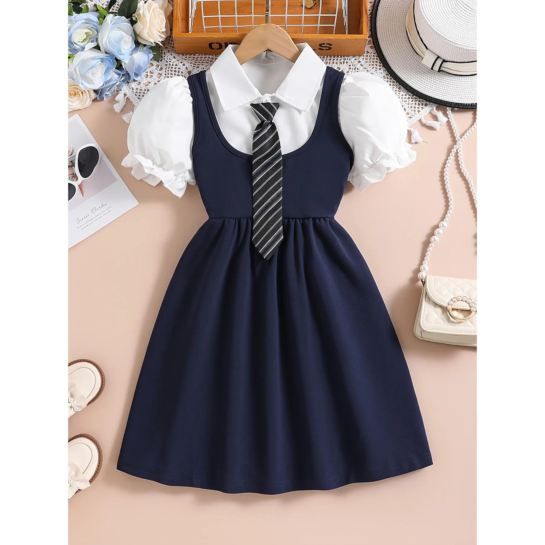 Girls' 2-Piece School Wear Outfit - Short Sleeve Tops, Detachable Suit Collar, Princess Sleeves, Cropped Belly-Length Inner Shirt, Knee-High Polyester Blend Solid Slim Fit Suspender Skirt Set