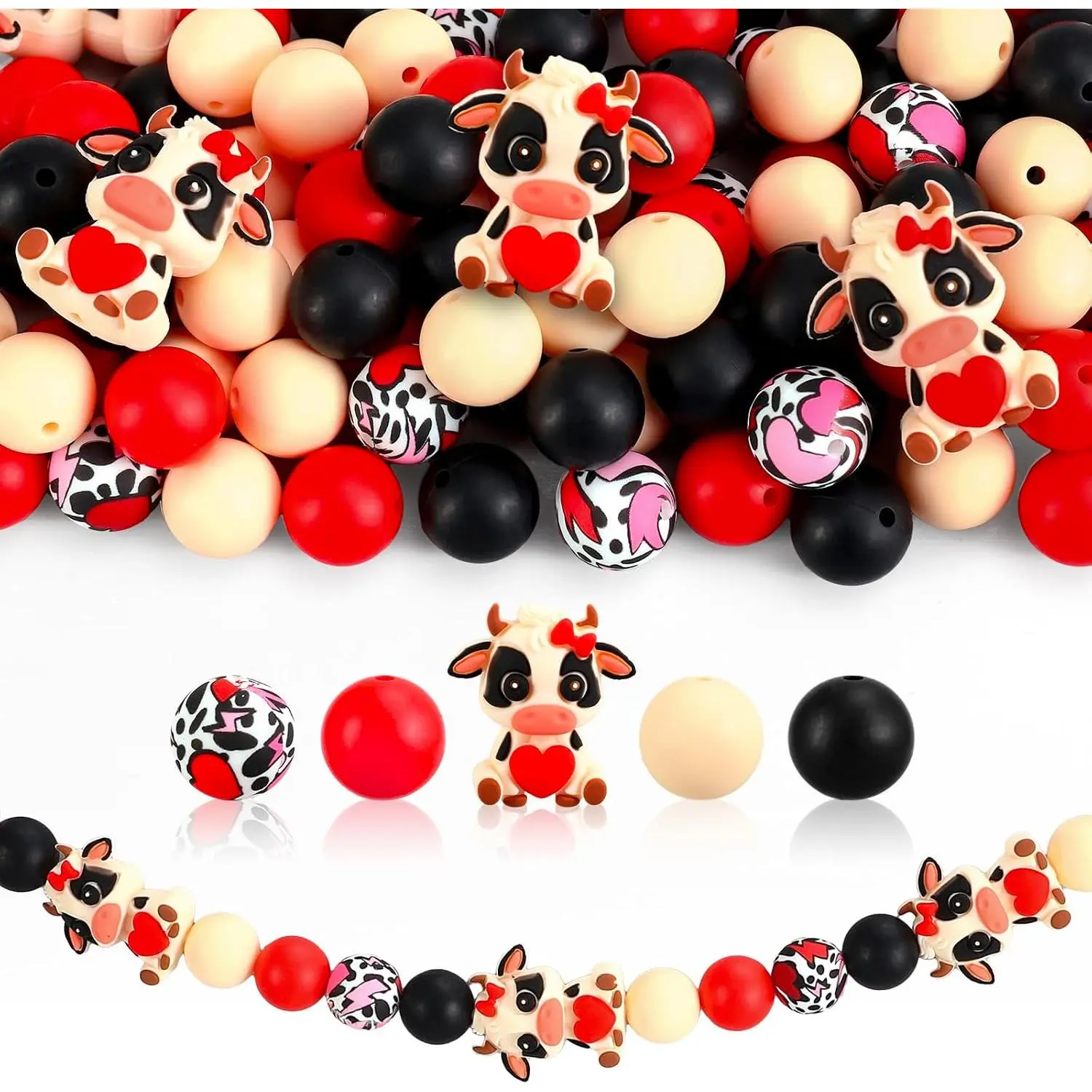 Valentine's Day  Beads Heart  Round Loose Rubber Beads for DIY Crafts   Making,76 Pcs