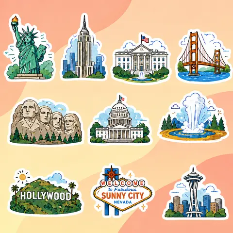 USA Landmark Travel Stickers, American Cities & National Parks Decal Pack, Statue of Liberty, Golden Gate Bridge, Hollywood, Yellowstone Vinyl Stickers