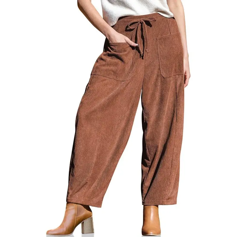 Women’s Corduroy Wide Leg Pants Baggy Minimalist Boho Pants Casual Elastic Waisted Palazzo Harem Pants with Pockets Trendy Barrel Trousers Womenswear Loose