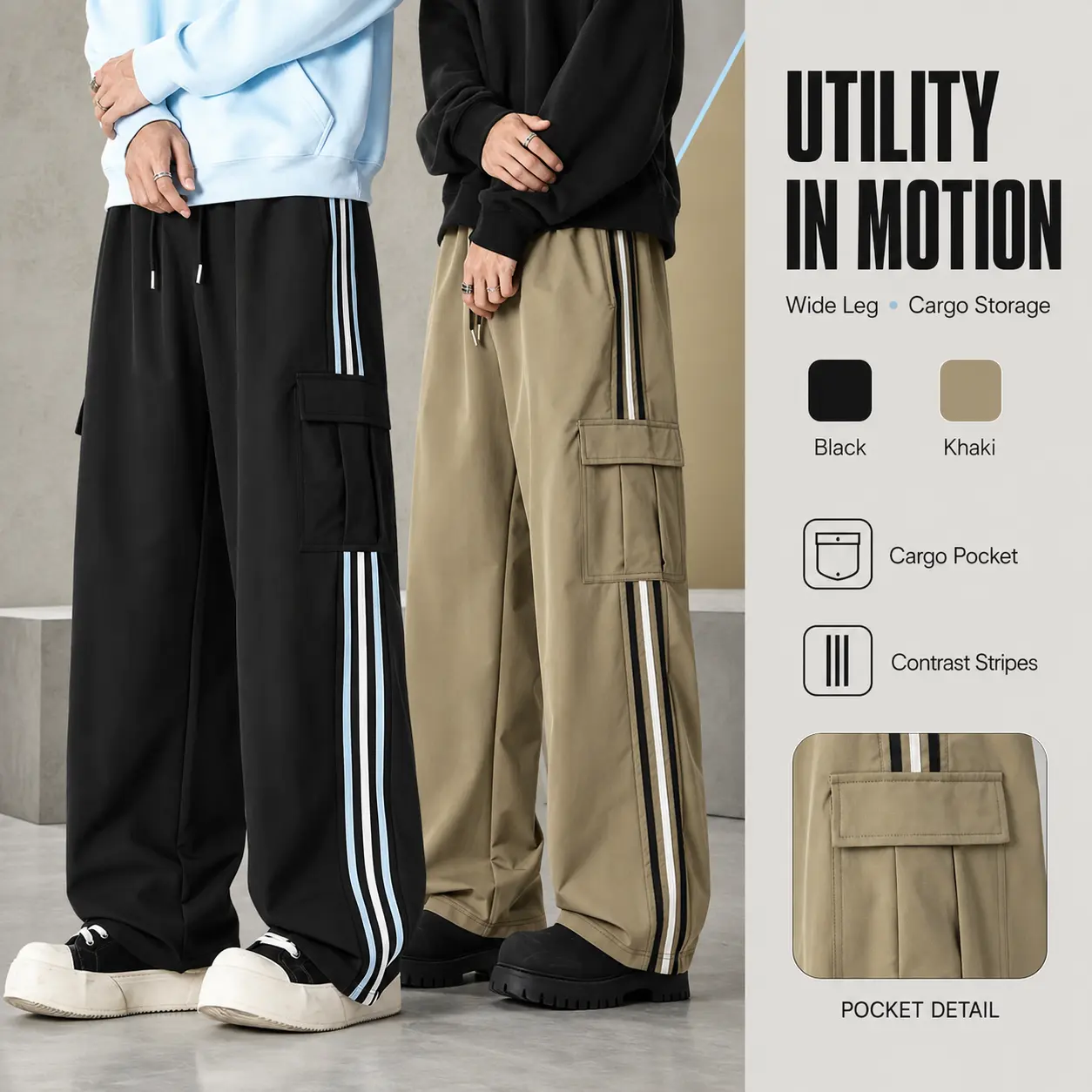 Men Side Stripe Cargo Pants Elastic Drawstring Waist Wide Leg Baggy Trousers Streetwear Loose Casual Work Pants