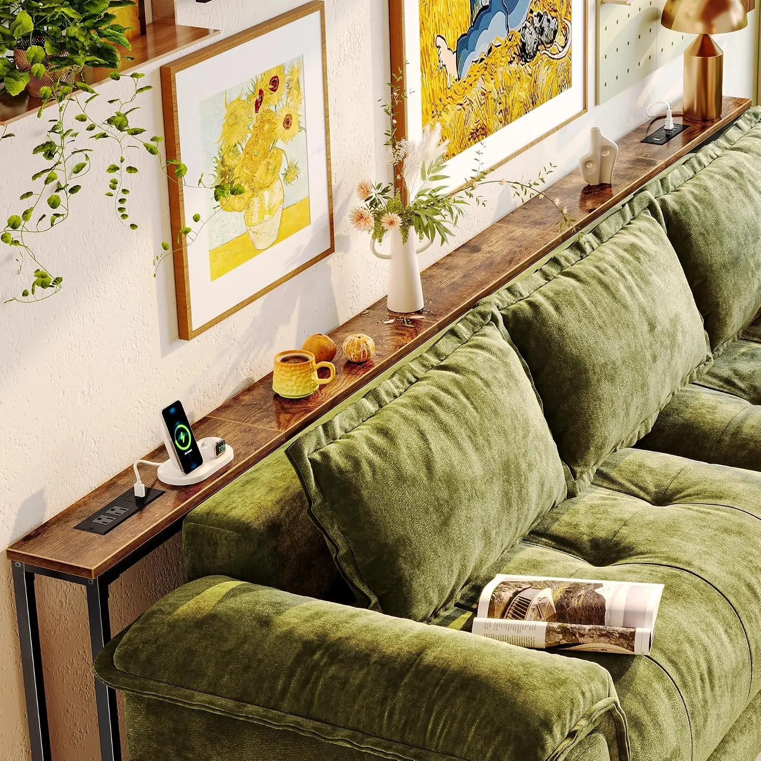 110.2 Inch Behind Couch Table with 2 Power Outlets and USB-C Ports, Extra Long Narrow Sofa Table for Sectional Sofa, Skinny Console Table with Anti-Bump Pads, for Living Room, Rustic Brown