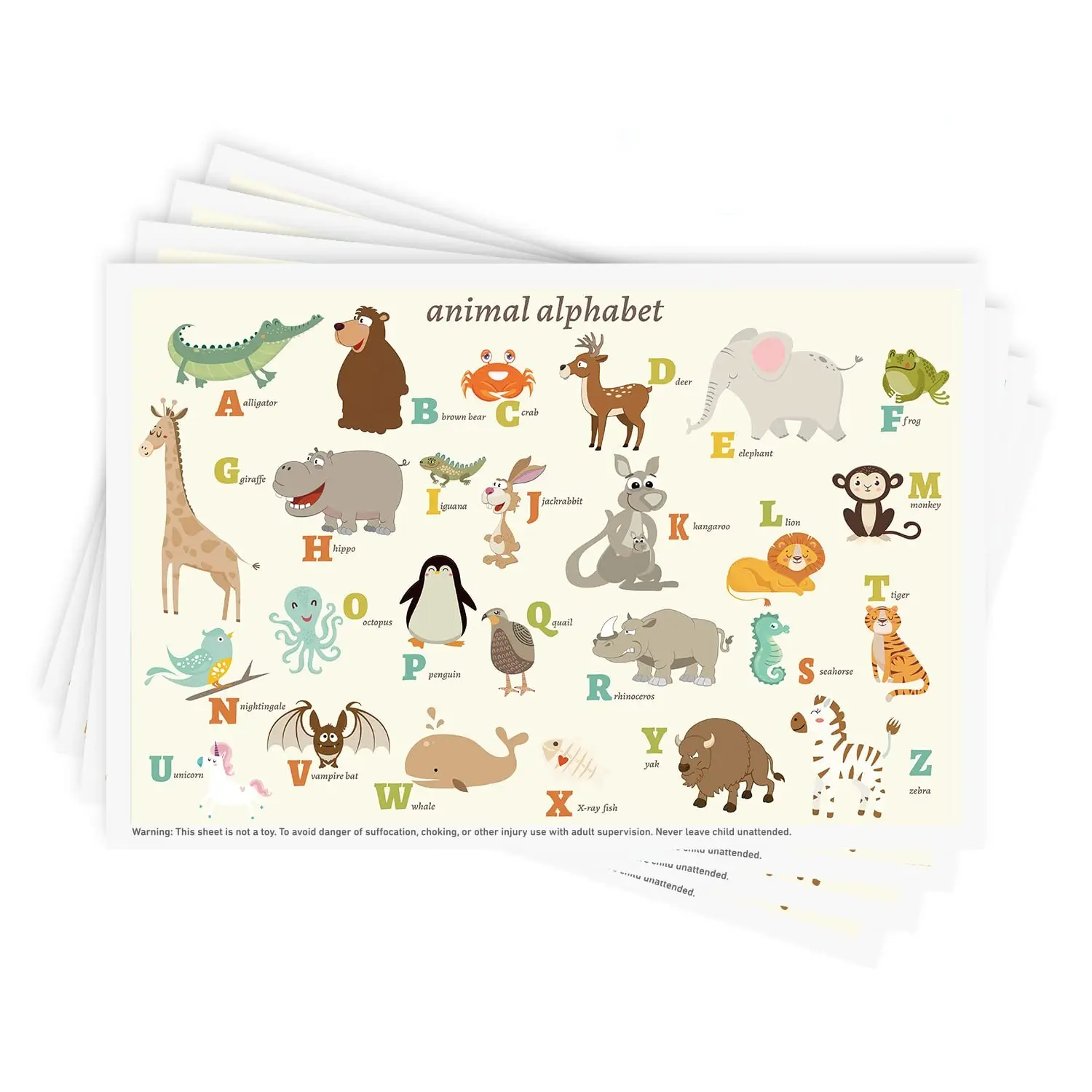 Disposable Stick-on Placemats 40 Pack for Baby & Kids & Toddler, Sticky Placemats Restaurant Table Mats 12" x 18" (Animal Alphabet)