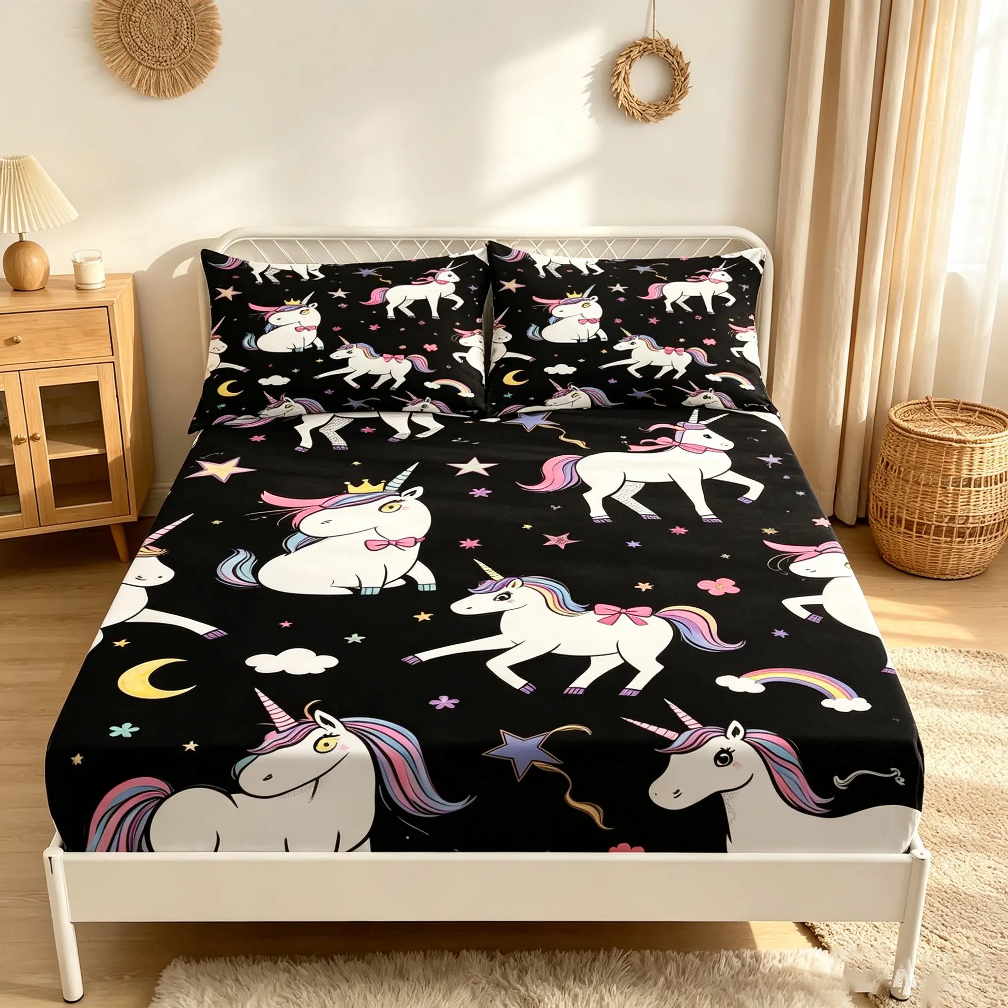 Black Dreamy Unicorn Fitted Sheet Set, including 1 fitted sheet and 2 pillowcases (unfilled), with cartoon rainbow, stars, and moon design, fully covered bedspread, perfect for children's rooms and princess bedding