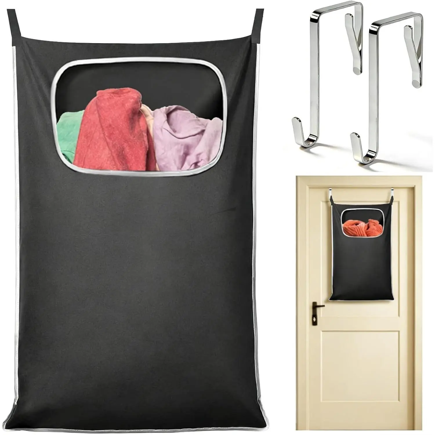 Hanging Laundry Hamper, Over the Door Laundry Hamper with Wide Opening and Full-Length Zipper, Easy Storage & Access, Space Saving for Bathroom, Bedroom, Dorm, Travel (Black)