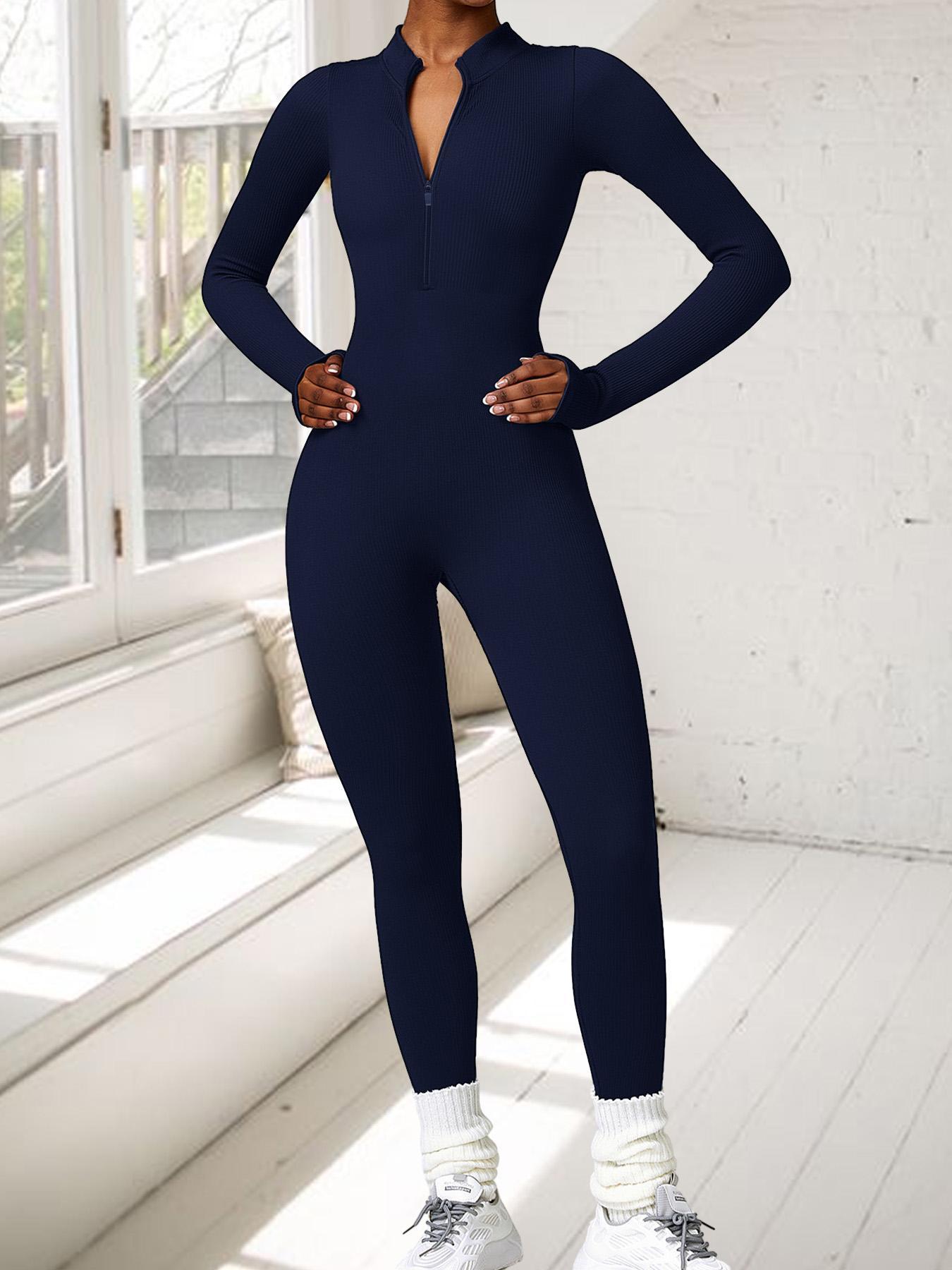 Women's Solid Zip Up Stand Collar Sports Jumpsuit, Fitness Long Sleeve Seamless Jumpsuit for Yoga Gym Workout, Holiday Outfits, Ladies' Sport Clothes Clothing, Tummy Control