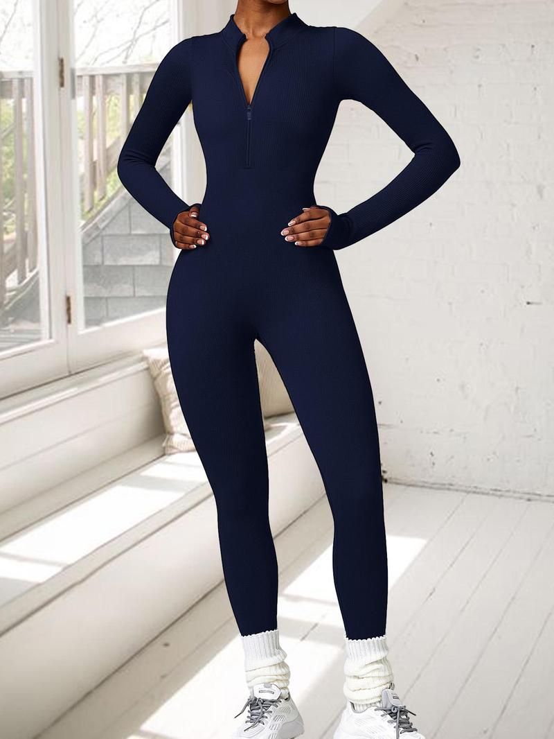 Women's Solid Zip Up Stand Collar Sports Jumpsuit, Fitness Long Sleeve Seamless Jumpsuit for Yoga Gym Workout, Holiday Outfits, Ladies' Sport Clothes Clothing, Tummy Control