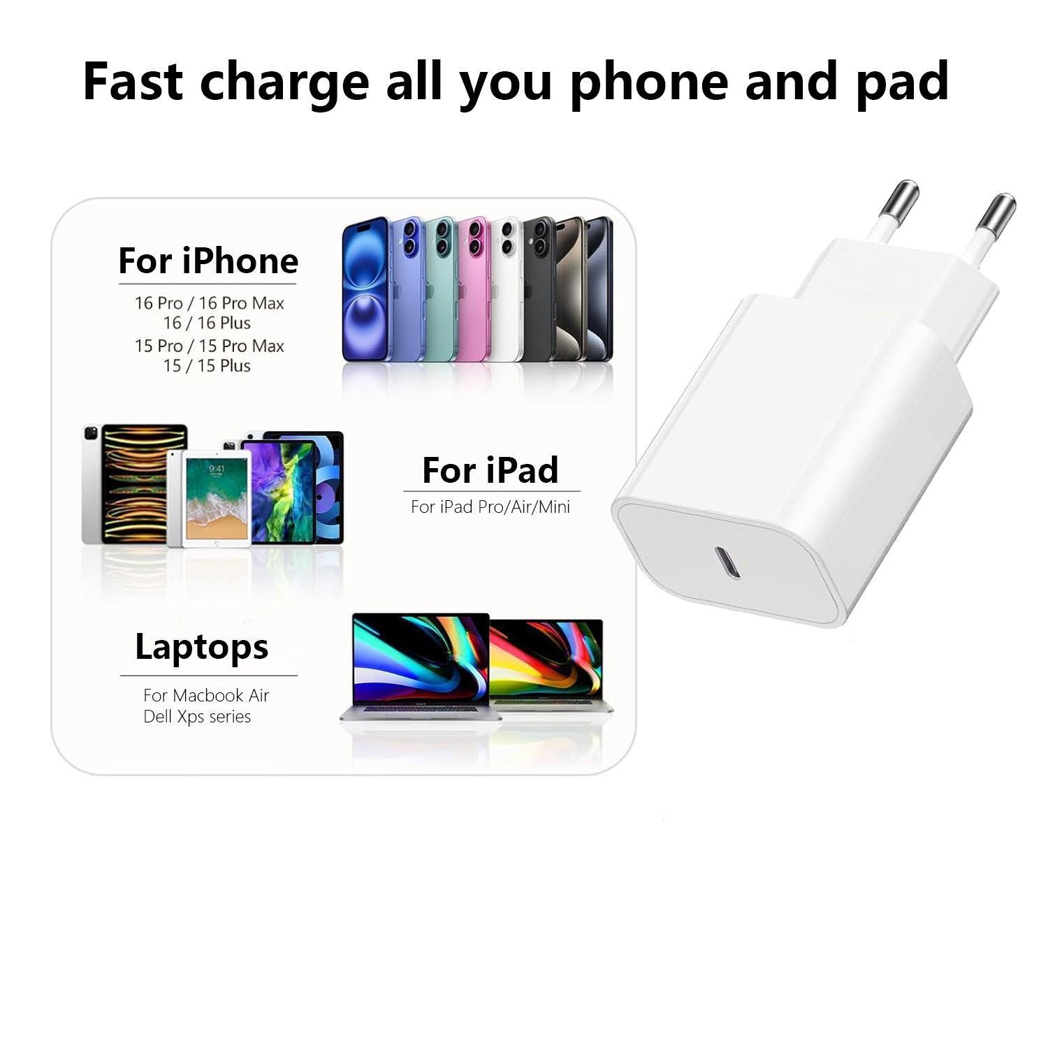 iPhone Charger, 20w USB-C Fast Charging Adapter with 1 Meter Cable, Compatible with iPhone 14/13/12/11/x/8/7 Models