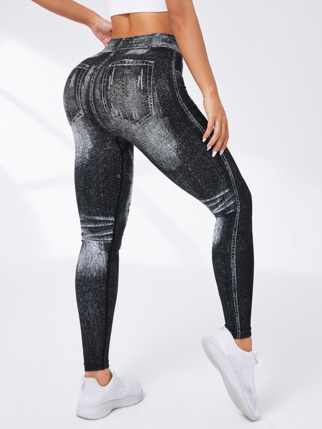 Women's Denim-Effect Print High Waist Sports Stretchy Leggings, Casual Comfy Cut Out Skinny Pants for Yoga Gym Workout Running, Ladies Sportswear Bottoms for All Seasons