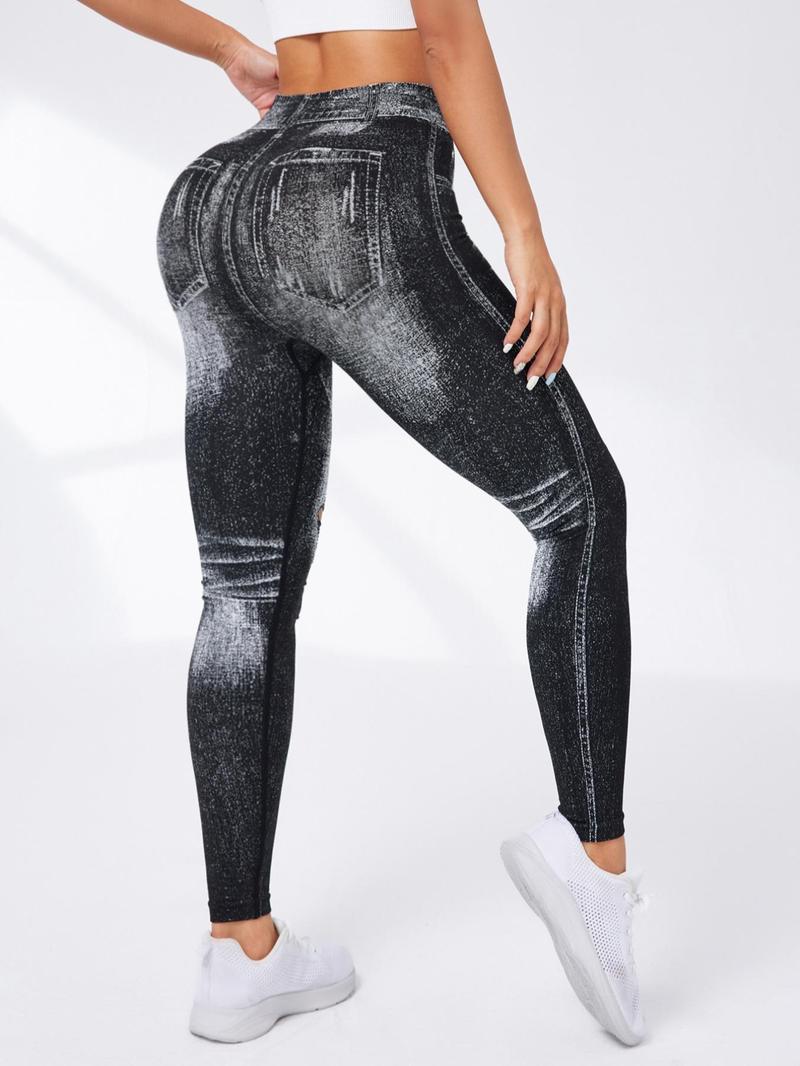Women's Denim-Effect Print High Waist Sports Stretchy Leggings, Casual Comfy Cut Out Skinny Pants for Yoga Gym Workout Running, Ladies Sportswear Bottoms for All Seasons