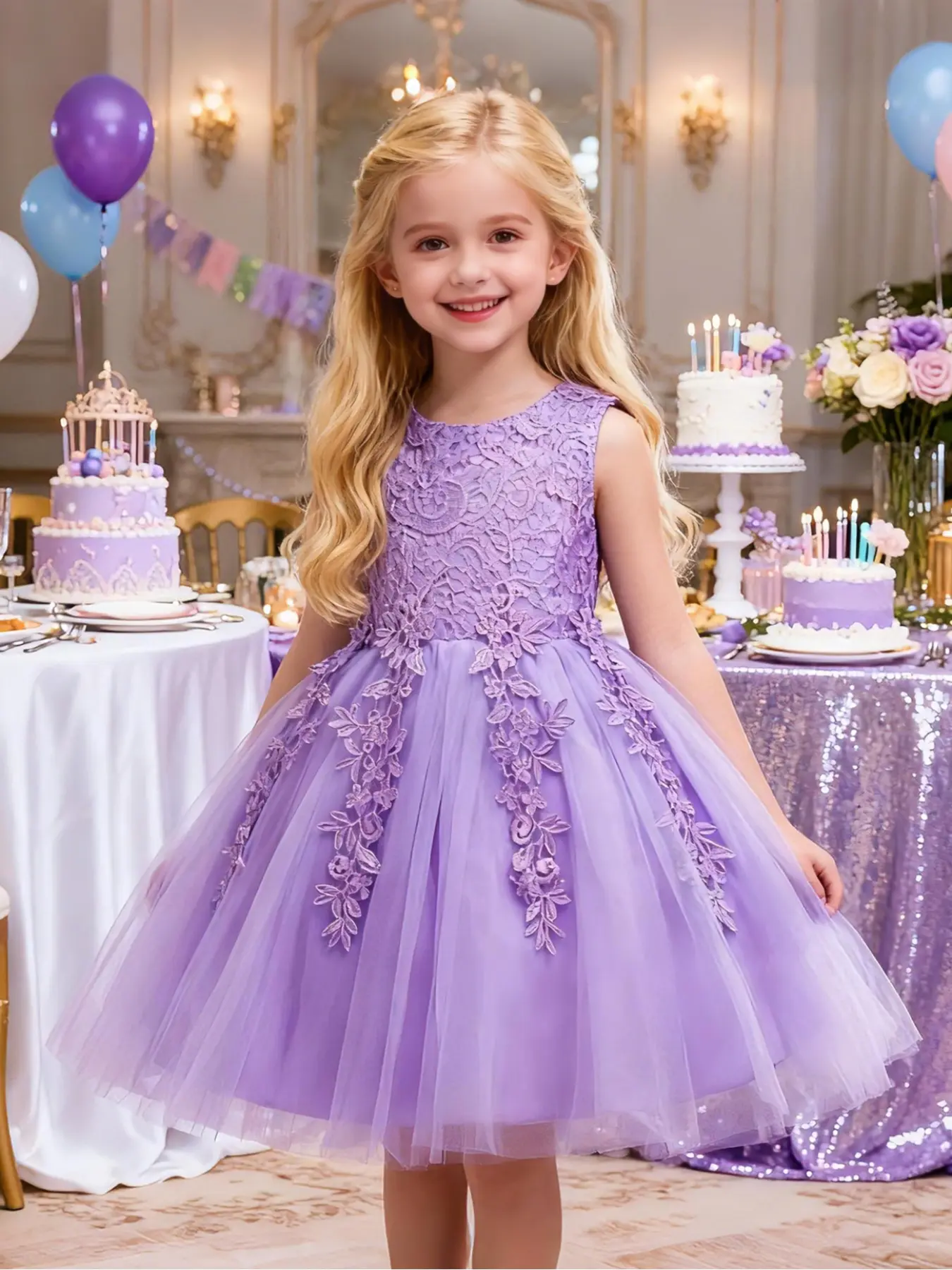 Girl's Appliques Bow Back Tulle Party Dress, Elegant Sleeveless Round Neck Fit & Flare Dress for Party Performance Wedding Guest, Birthday Dresses, Kids Clothes for All Seasons