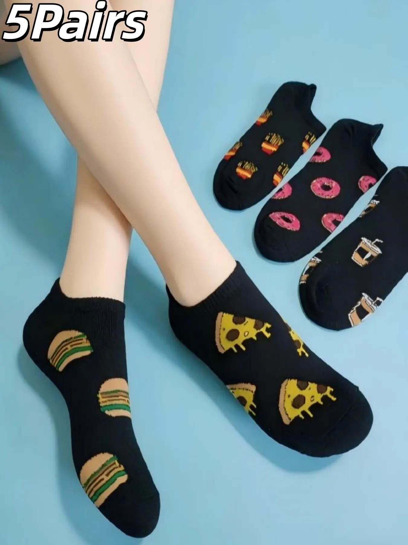 5 Pairs Fun Food Print Socks, Burger Pizza Donut Coke Fries Creative Patterns, Cute Unisex Breathable Non-Slip Crew Socks, Trendy All-Season Comfort