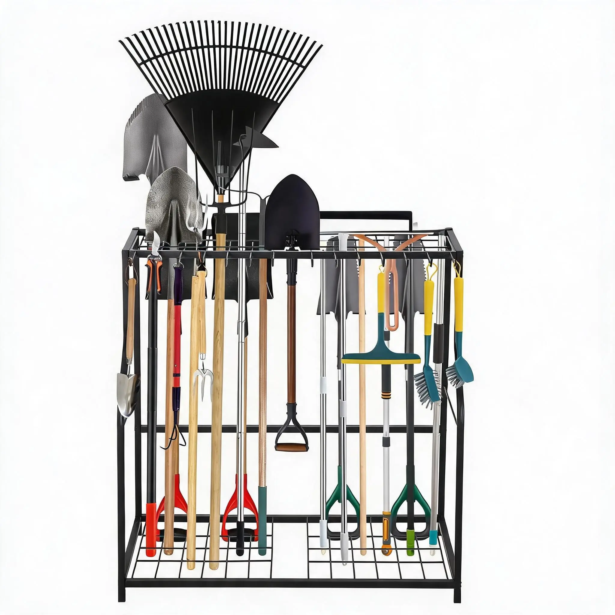 Garden Tool Organizer Rack,Heavy-Duty Metal Yard Tool Rack with  2 Shelves&14 Hooks,Holds 43 Long-Handled Tools, Rakes