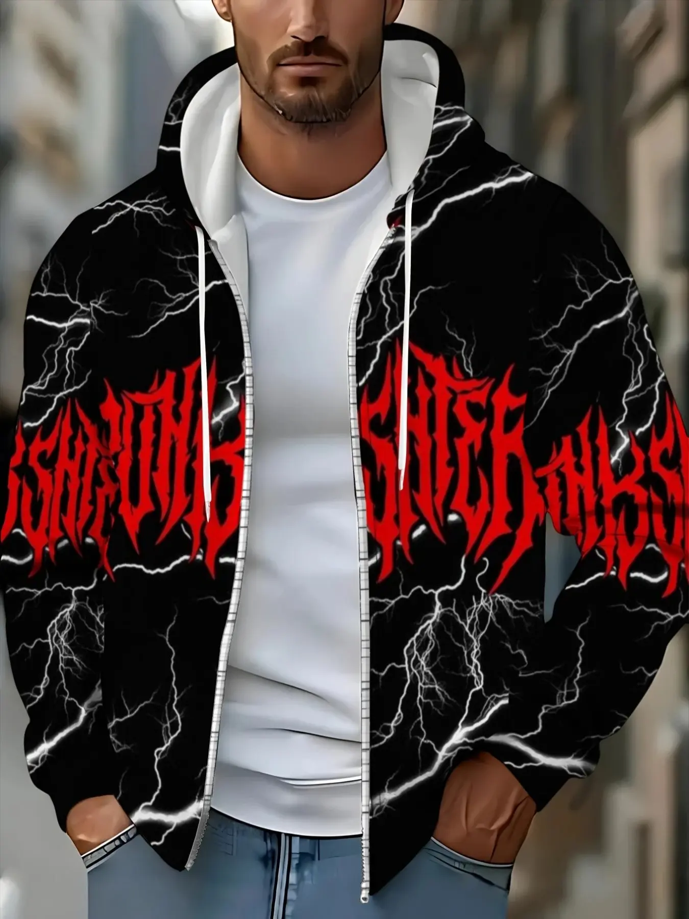 Men's Punk Hooded Sweatshirt, Long Sleeve Fitted Casual Jacket, Heavy Metal Streetwear, Music Festival, Halloween, Daily Wear