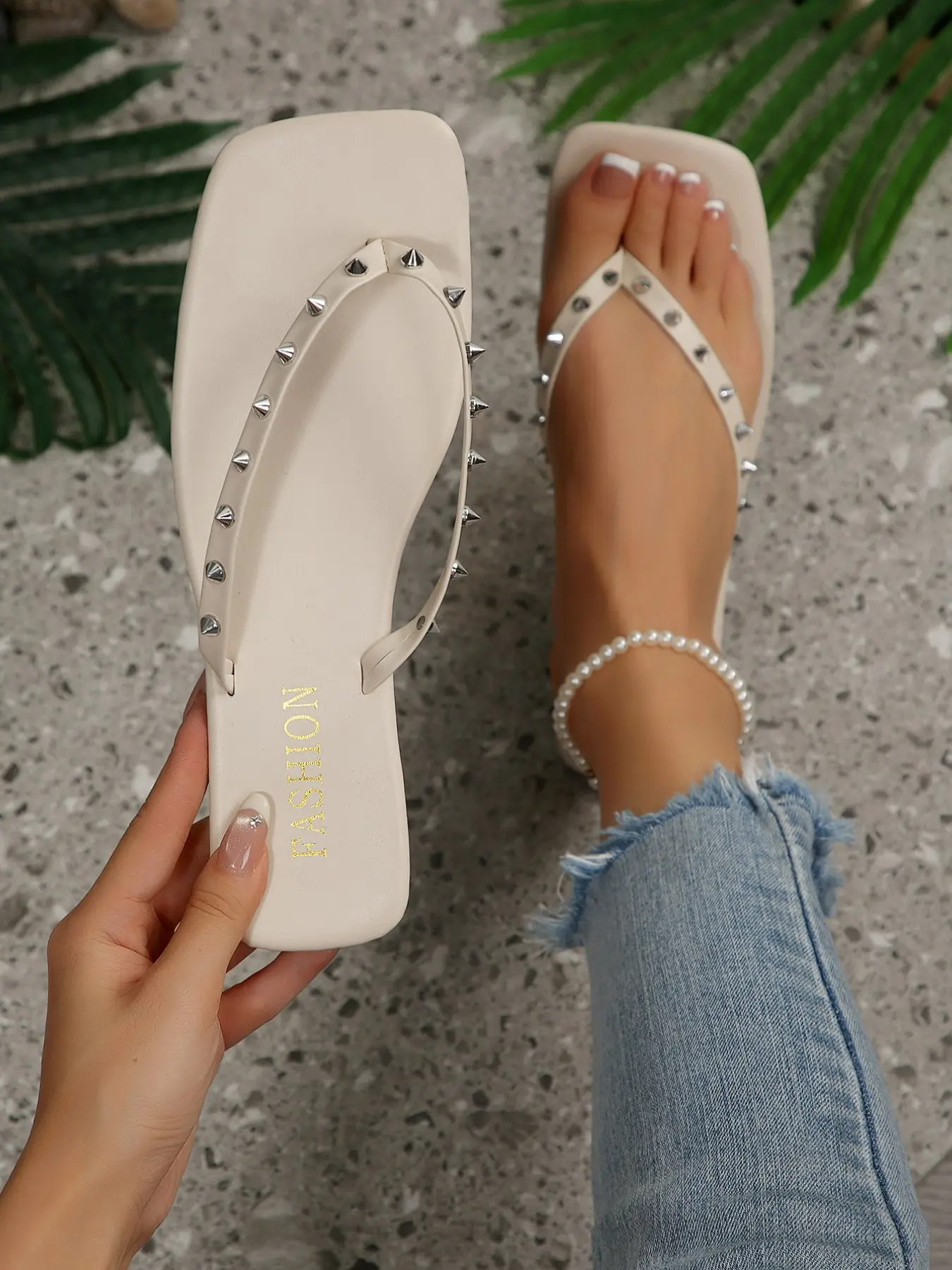 Women Studded Square Toe Thong Flip Flops, Flat Slip On Slide Sandals, 3 Colors Black Brown White Punk Rock Y2K Streetwear Beach Daily Casual Slippers