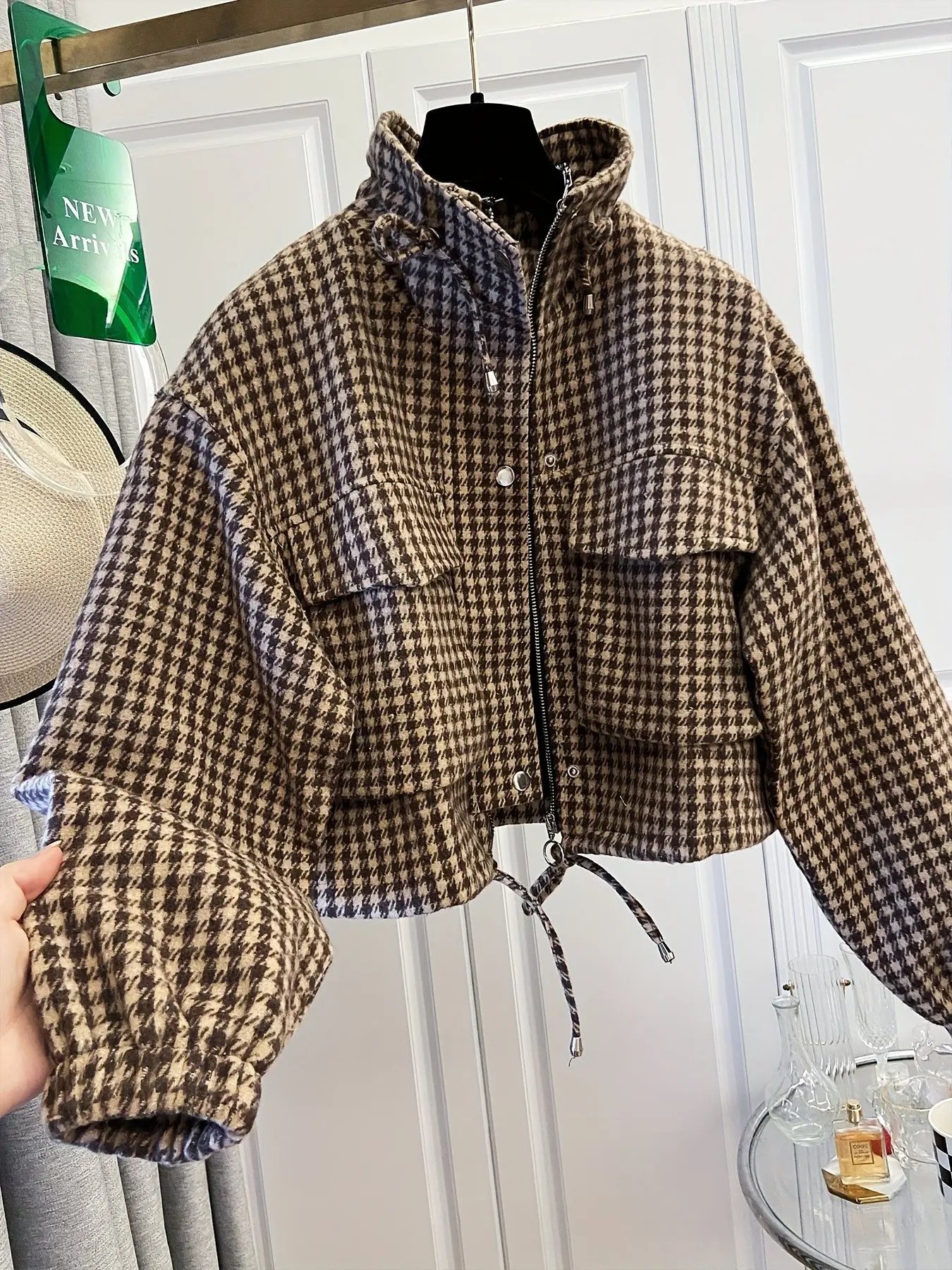 Women's Fashion Retro Plaid Gingham Stand Collar Short Coat, Drawstring Design, Zipper Front, Perfect for Fall Winter Daily Holiday Outing