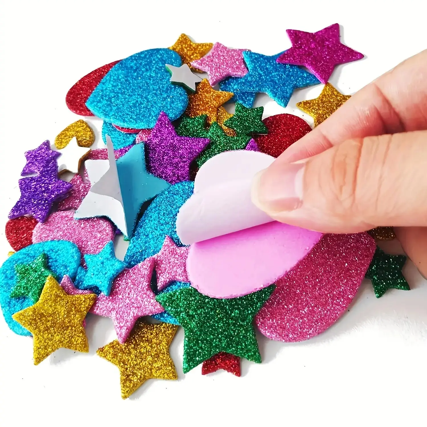 100pcs Glitter Foam Stickers, Self-Adhesive Star & Heart Stickers, Multicolor Glossy Craft Stickers for Card Making, Home Decor and Art DIY