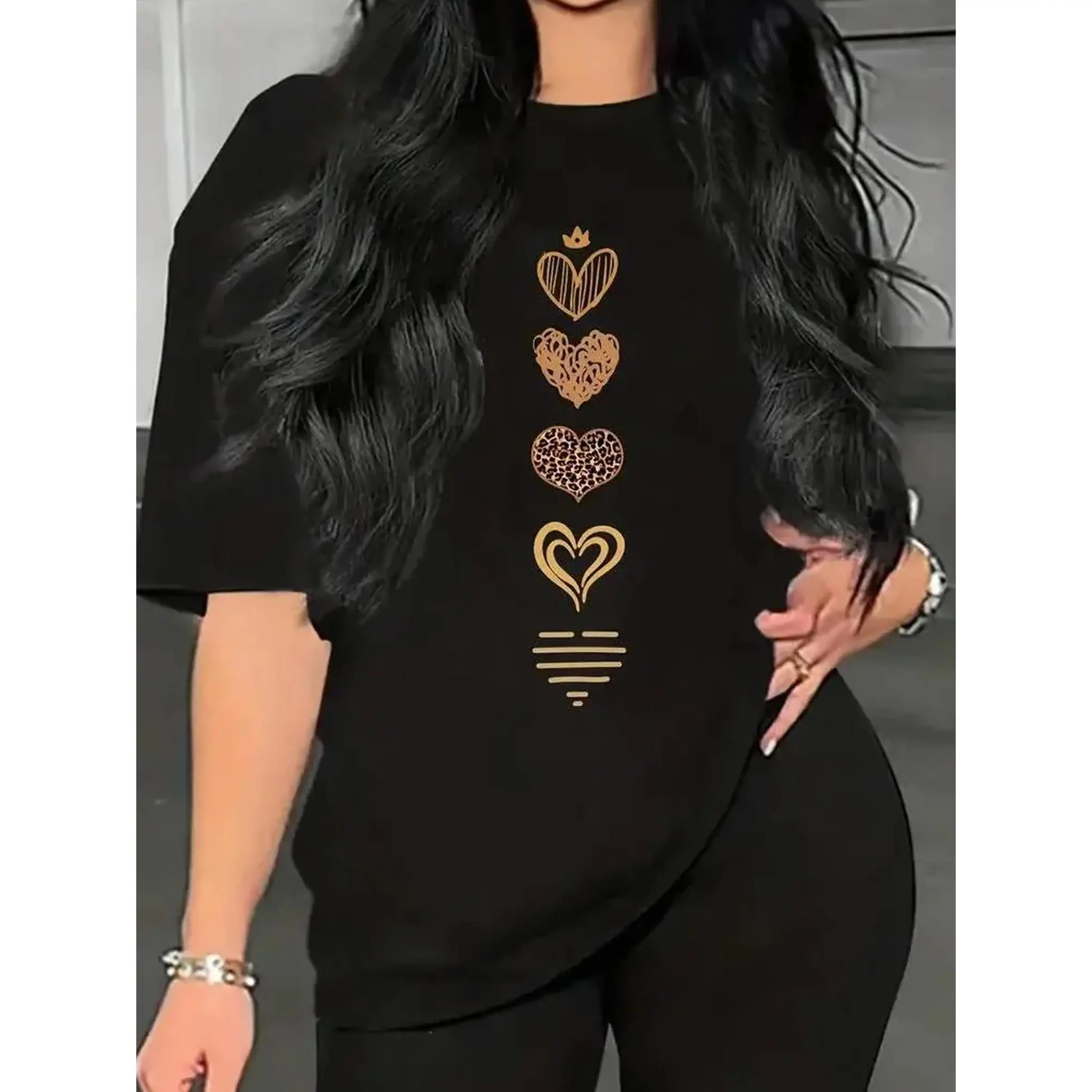 Women's Heart Print SS T-Shirt: Crew Neck Loose Fit, Breathable Non-Sweaty, Versatile For Commute