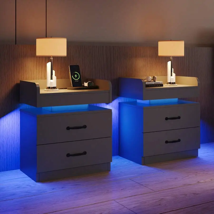 2-Piece Modern LED Bedside Tables with 2 Drawers, USB LED Strip Nightstands, End Side Tables for Bedroom (Black/White/Grey)