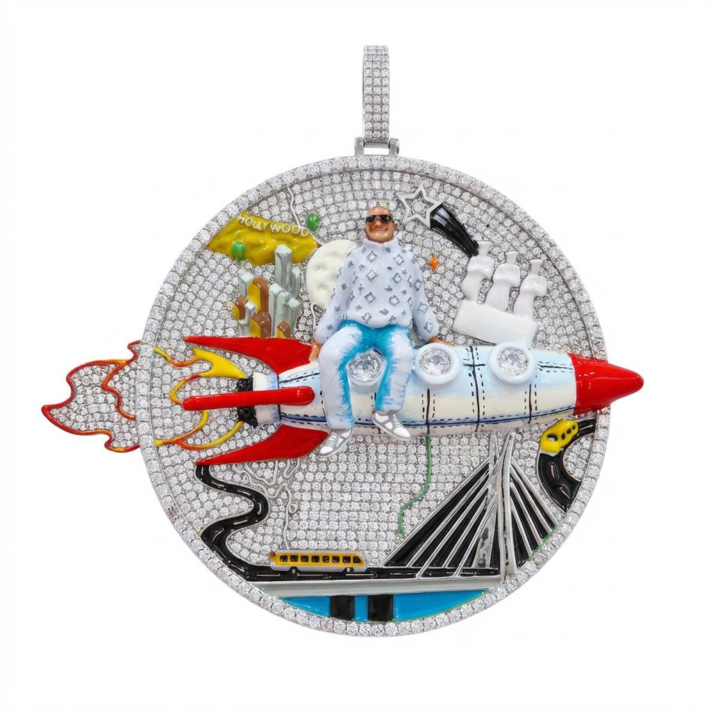 Huge Iced Out 3D Rocket Man Enamel Medallion Pendant, Colorful Cityscape Hip Hop Statement Jewelry, 925 Silver Tone with 4mm Rope Chain