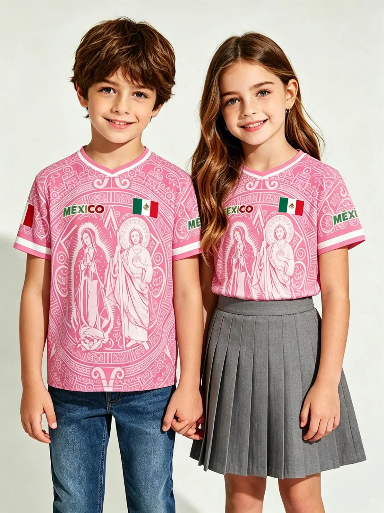 Mexican Virgin Mary Totem Kids V-Neck Short-Sleeve T-Shirt, Unisex Flag Soccer Jersey, Summer Ethnic Sports Top, Soccer Shirts, Sporty Style Clothes