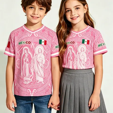 Mexican Virgin Mary Totem Kids V-Neck Short-Sleeve T-Shirt, Unisex Flag Soccer Jersey, Summer Ethnic Sports Top, Soccer Shirts, Kids Girls Clothing