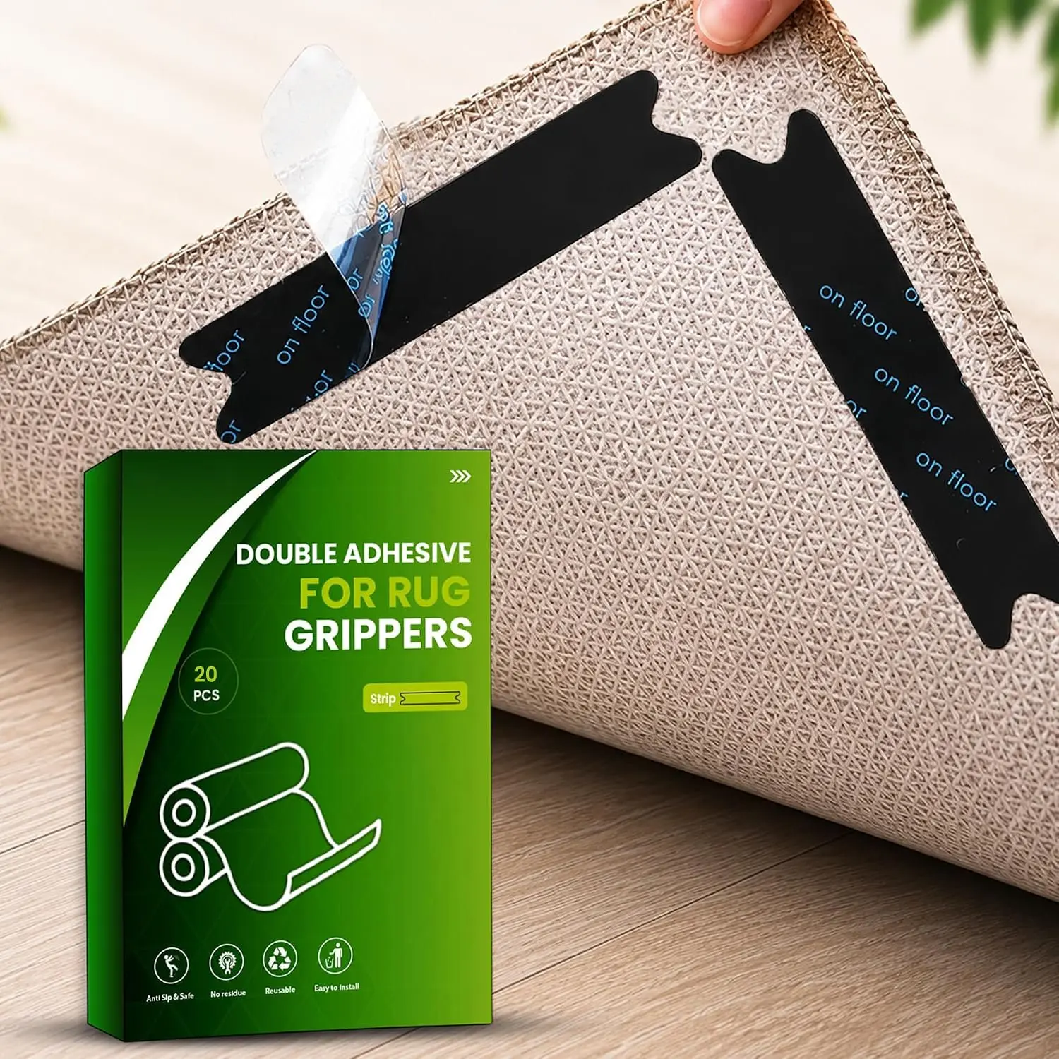 20 count Rug Gripper Pads, Super Adhesive Rug Gripper for Hardwood Floors – Resuable & Washable Non-Slip Rug Stoppers, for Marble, Tiled and Vinyl Floors