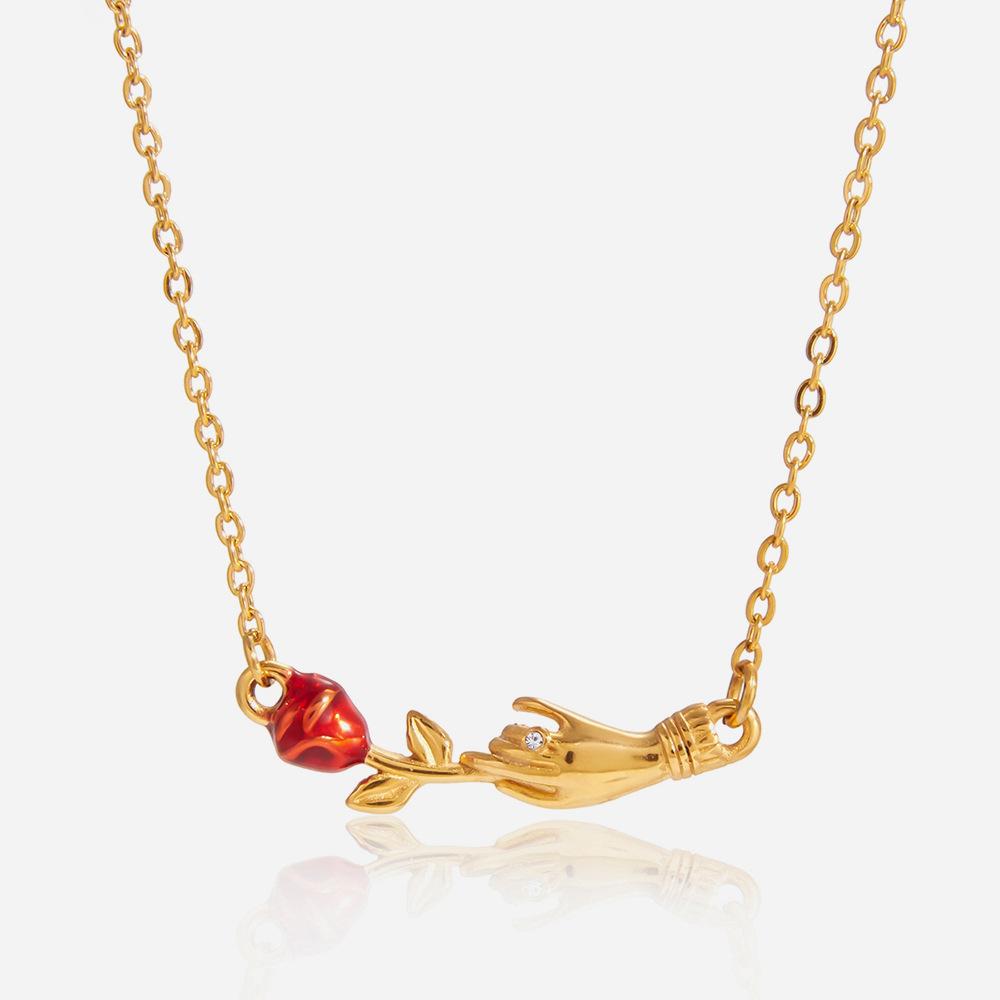 [FLAME] Women's Gold Necklace with Red Rose, Romantic Love Pendant with Small Zircon, Elegant Enamel Chain, Perfect Gift for Female Friends on Valentine's Day