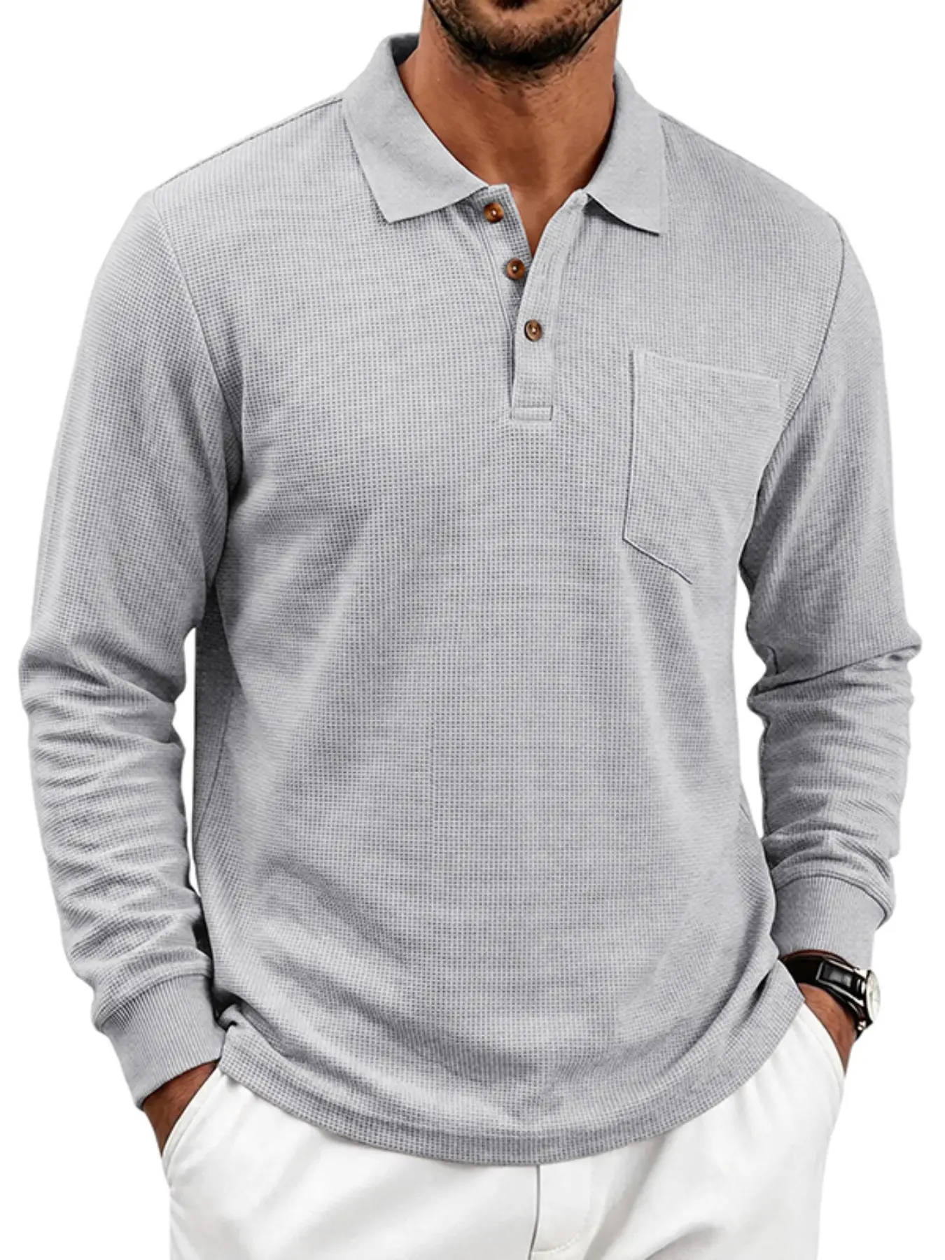 Men's Waffle Knit Long Sleeve Pullover, Casual Button-Up Top, Chest Pocket Design, Soft Breathable Fabric, Ideal for Daily Wear, Office, Street Fashion