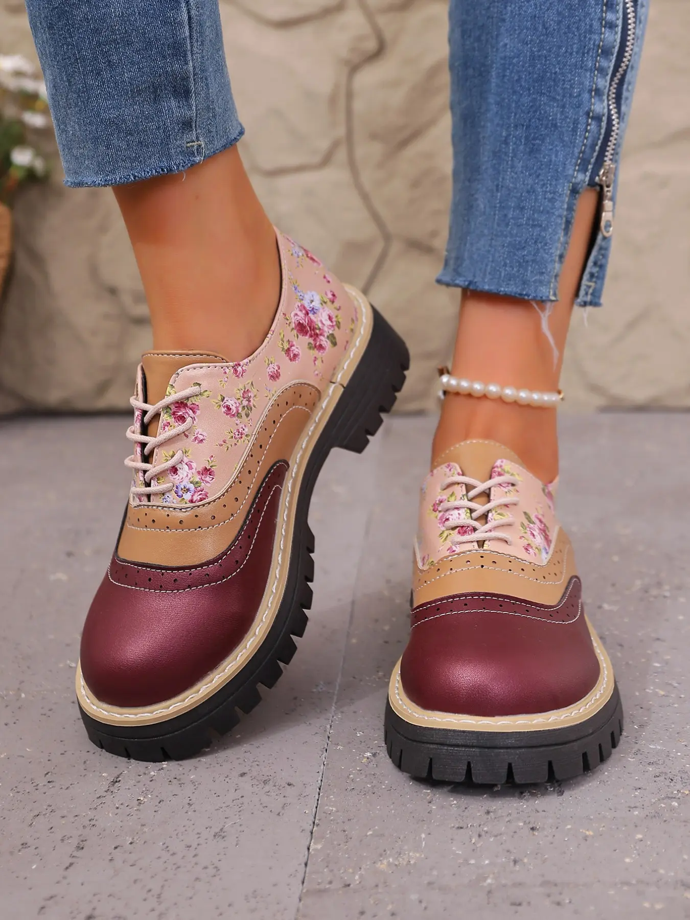 Dark Floral Patchwork Oxford Shoes, Colorblock Chunky Heel Loafers, College Style Versatile Commuter Women's Shoes, Office Shoes