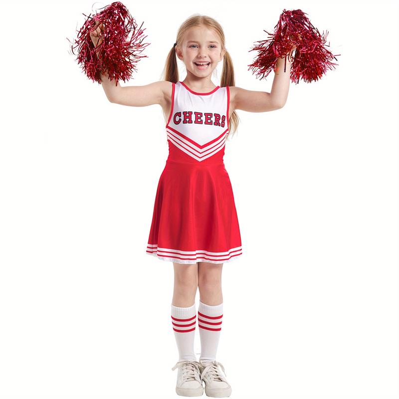 Plus Size Flyer Cheer Children'S Cheerleading Uniform Set, Kindergarten Girls' Cheerleading Uniforms, Stage Performance And Campus Cheerleading Uniforms, Including Socks And Pom-Poms, Ideal For Outdoor Activities