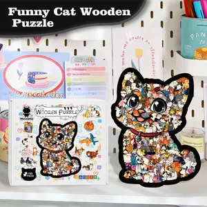 Wooden Cat Puzzle Wall Art, Unique Irregular Shape Puzzle, Acrylic Frame with Stand, Home Decor Gift for Valentine's Day, Birthday, Easter