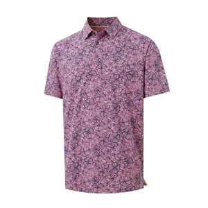 MAELREG Mens Short Sleeve Golf Polo Shirt, Dry Fit Moisture Wicking 4-Way Stretch Heather Stripe Printed Collared Shirt for Golf Course Daily Casual Outdoor