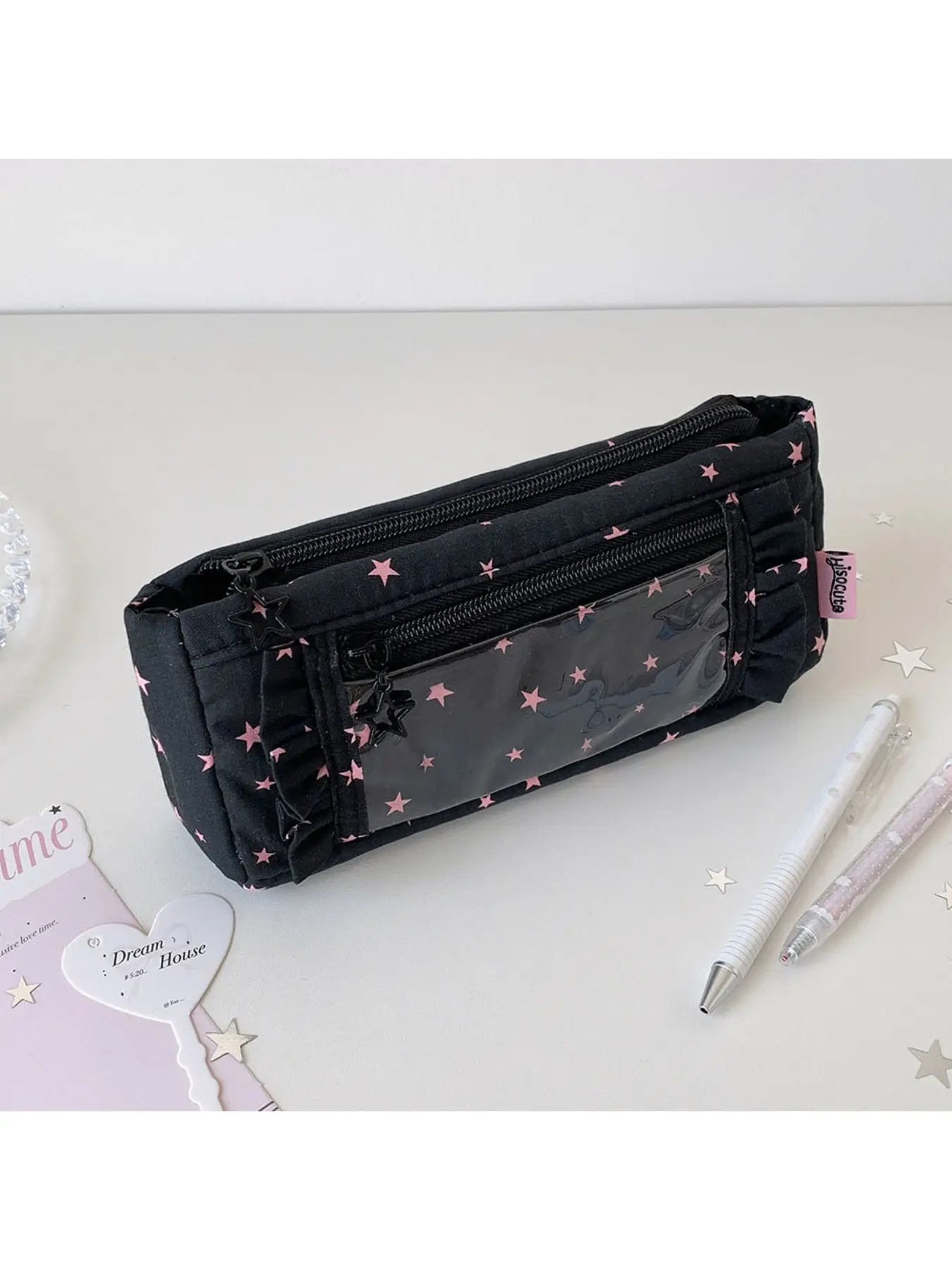 Cute Candy Color Makeup Bag, Star Pattern Fabric Pencil Case, Student Lace Trim Stationery Organizer Function, High-Quality School Supplies Box, Fashionable, Elegant, Vibrant