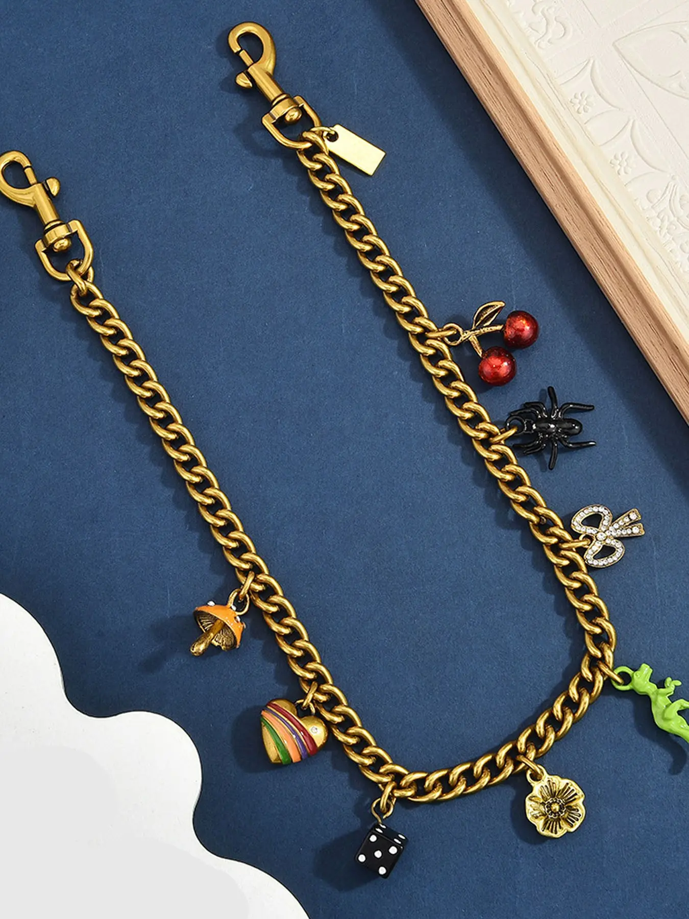 Vintage Gold Chunky Curb Bag Chain with Multi Charms, Cherry Spider Mushroom Rainbow Heart Dice Flower Pendant Decorative Crossbody Purse Strap Replacement Accessory