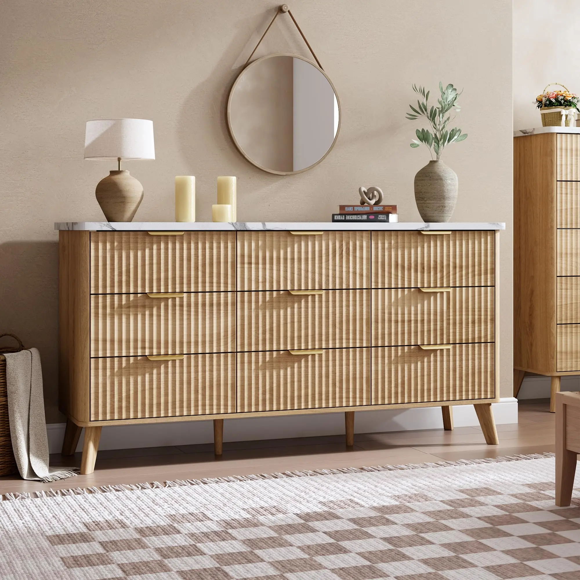 Modern Fluted 9-Drawer Dresser Chest – 60.6" Wide Storage Cabinet Versatile TV Stand – Walnut