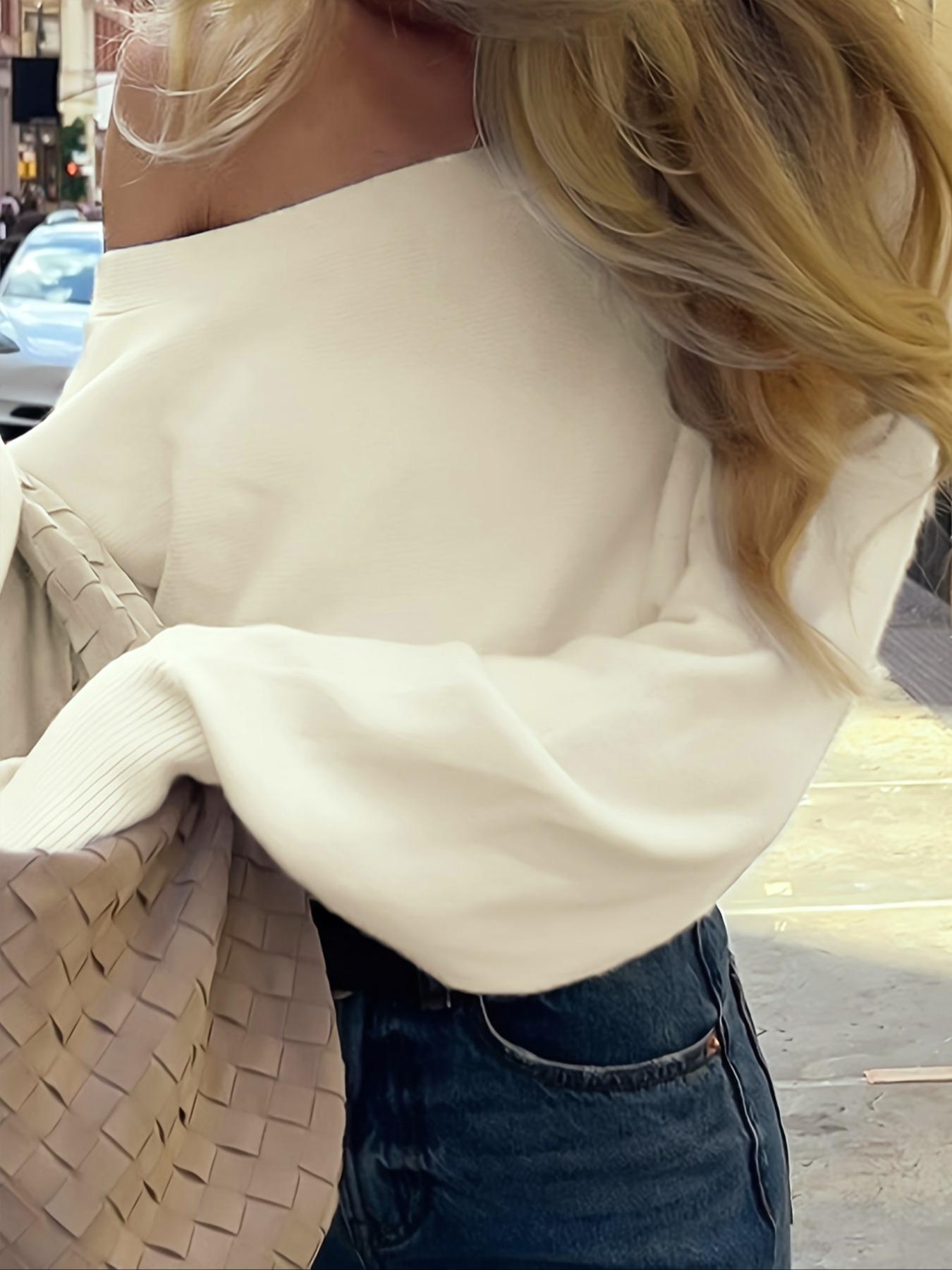 Women's Cream-Colored One-Shoulder Long-Sleeve Knit Top, Soft Elastic Ribbed Sweater, Casual Elegant Fashion Womenswear for Fall and Winter