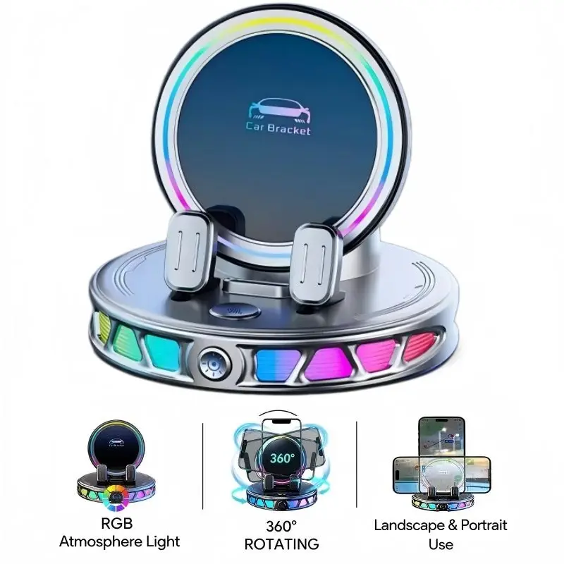 360° Rotating Wireless Charging Car Phone Mount with RGB Ambient Light – Ultra-Stable Vacuum Suction & Auto-Lock Holder for Dashboard & Windshield, Fits iPhone & Android,Magnetic Phone Charger,car accessories