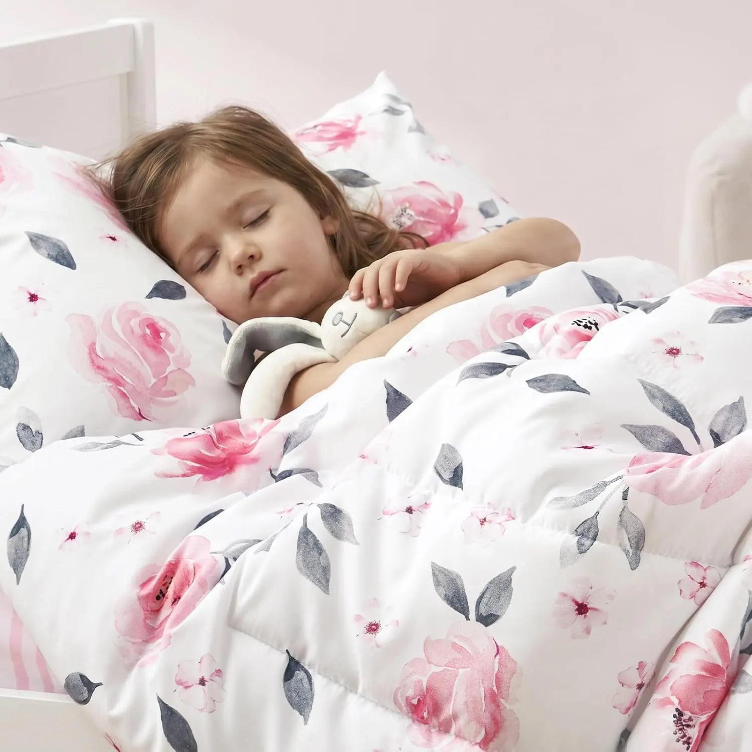 4 Piece Toddler Bedding Set, Ultra Soft Toddler Comforter Sets Include Comforter, Fitted Sheet, Flat Top Sheet and Pillowcase for Girls, Floral Bed in A Bag for Baby Bedroom, Floral