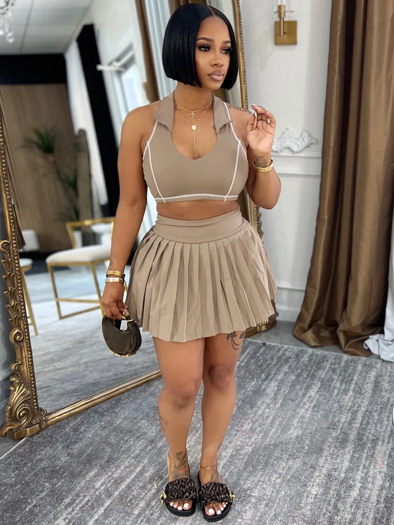European and American Fashion Women's Collared Tank Top Set, Inner Safety Pants, Pleated Short Skirt, Two-Piece for Women