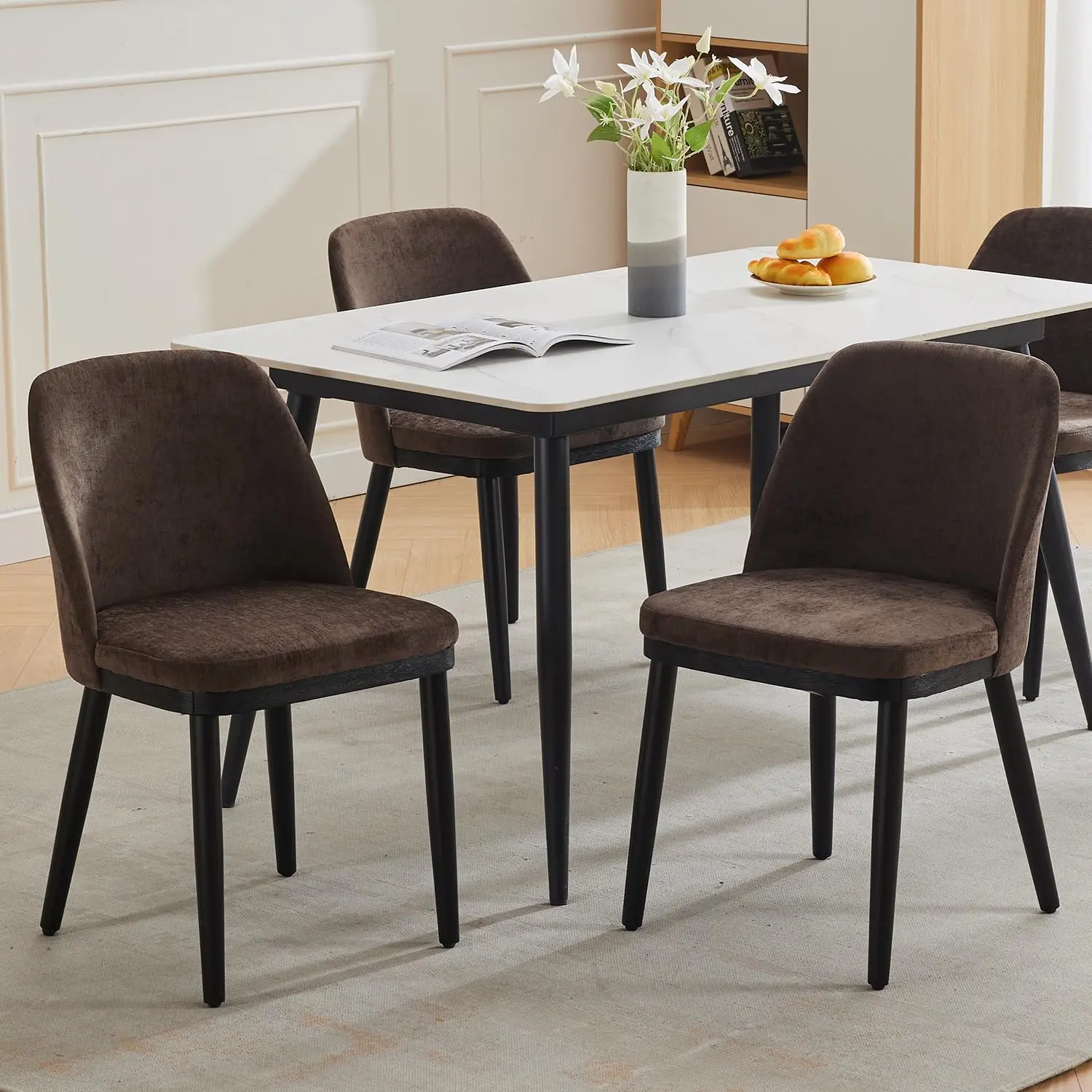 2-Pack Linen Dining Chairs – Curved Ergonomic Backrest, Wood Legs – Easy Assembly – Accent Seating for Kitchen, Dining Room, Living Room – Beige Brown