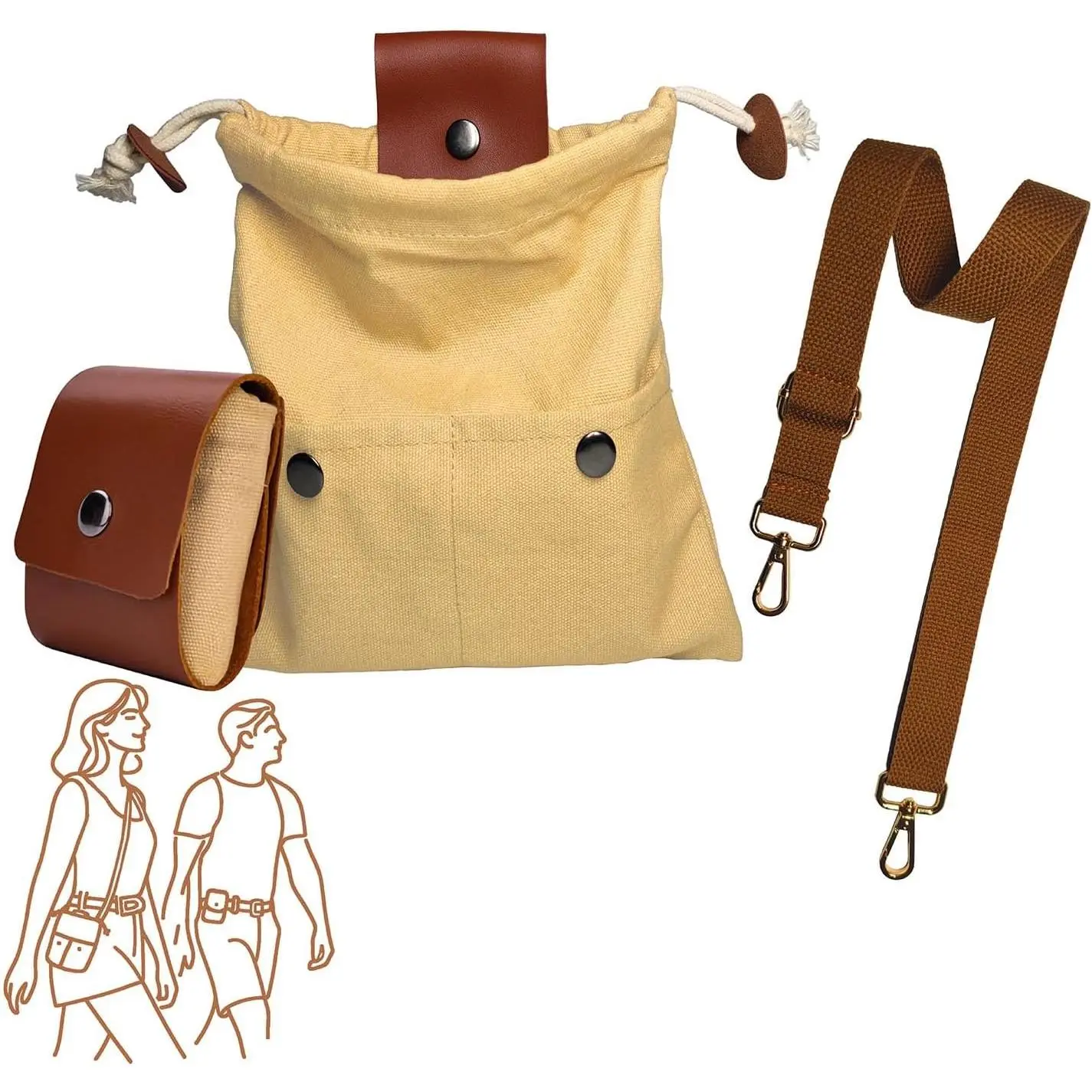 Foraging Bag with Front Pockets & Adjustable Shoulder Strap Canvas Foraging Pouch Hiking, Bushcraft, Collapsible Belt Bag Collecting Mushrooms, Rocks